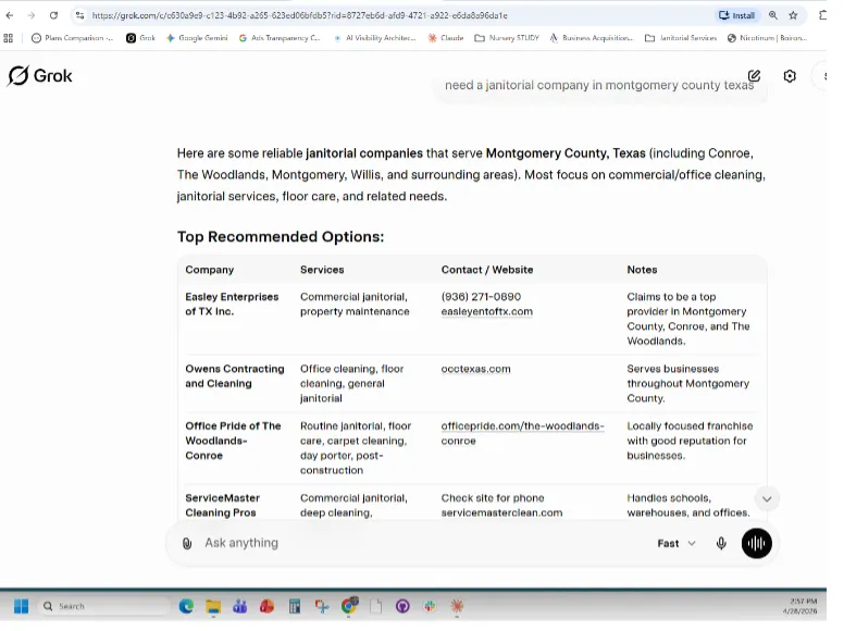 Grok capture for needing a janitorial company in Montgomery County, Texas, with Easley Enterprises of TX Inc. in the Top Recommended Options table.